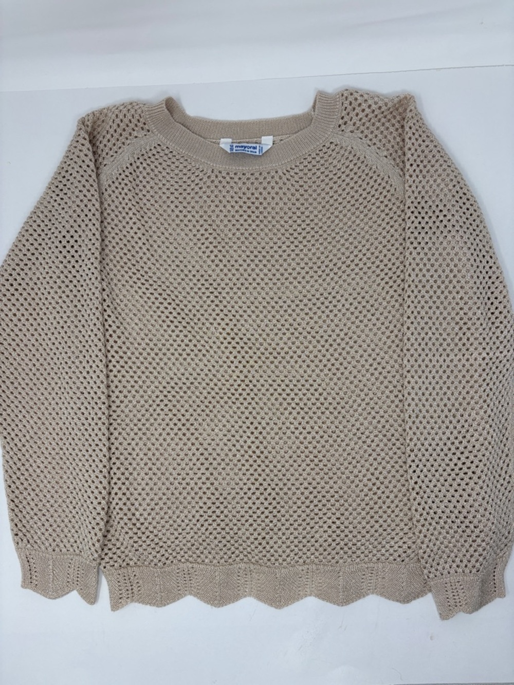 Mayoral: Tan/Beige Open-Knit Crewneck Sweater; Size 12 (152cm)